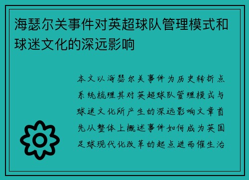 海瑟尔关事件对英超球队管理模式和球迷文化的深远影响