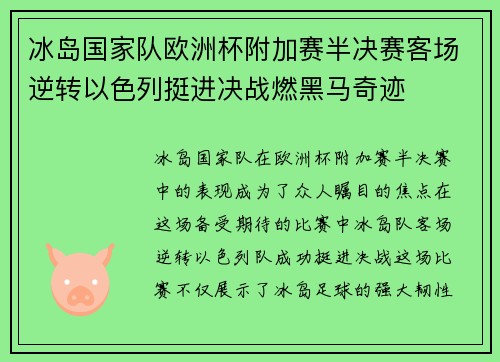 冰岛国家队欧洲杯附加赛半决赛客场逆转以色列挺进决战燃黑马奇迹 冰岛国家队欧洲杯附加赛半决赛客场逆转以色列挺进决战燃黑马奇迹